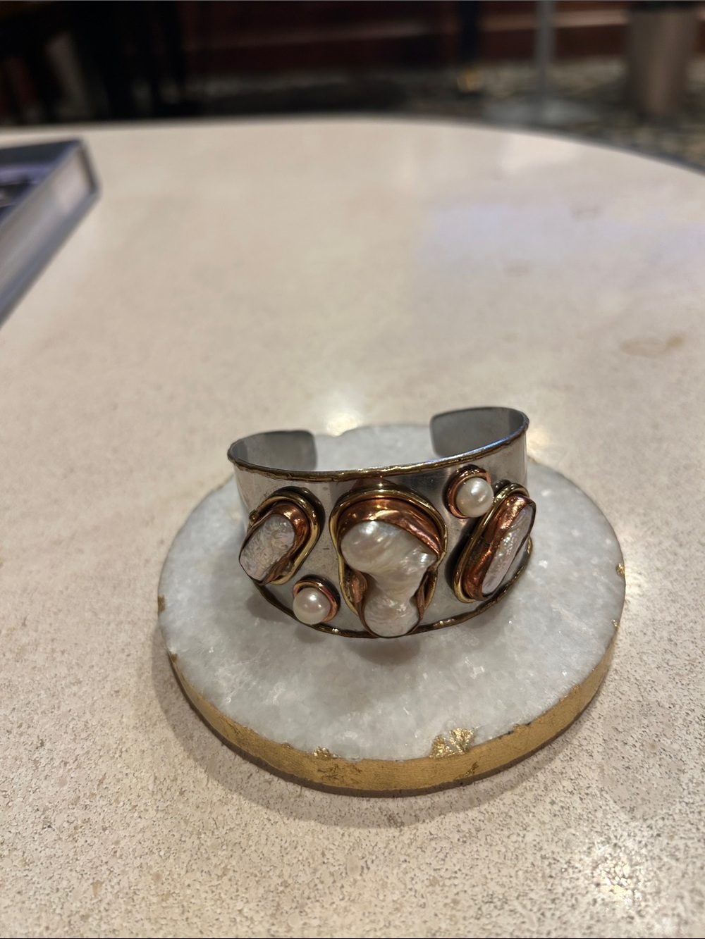 Handcrafted baroque pearl and Rose Gold Accent Cuff Bracelet - Boho Festival,